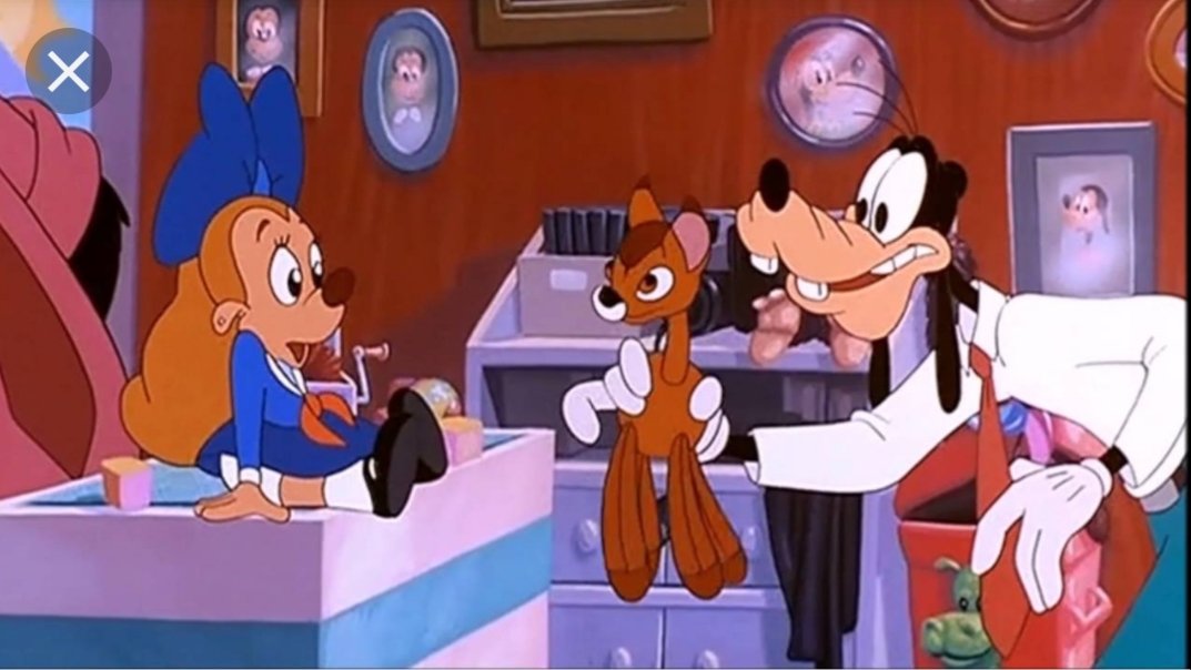 A scene from A Goofy Movie, where Goofy is offering a Bambi plush toy to a toddler.