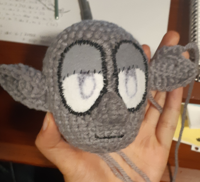 A crocheted head base, with pointed ears and face details stitched on. Face details include the eye base, and mouth.
