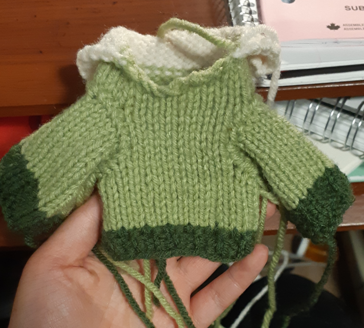 Photo of the completed knitted light green sweater, with an off-white collar, and dark green ribbed sleeves and bottom edge.